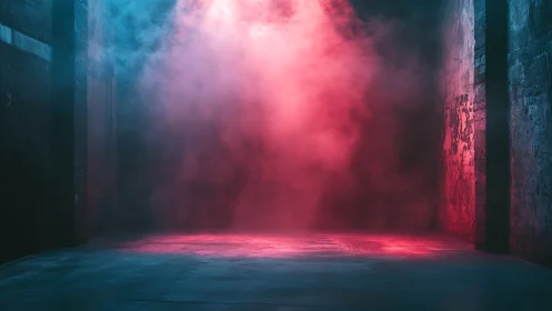 Moody warehouse corridor filled with red and blue fog.