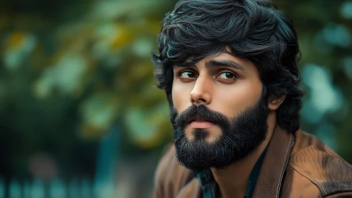 Bearded man gazes sideways against blurred green background