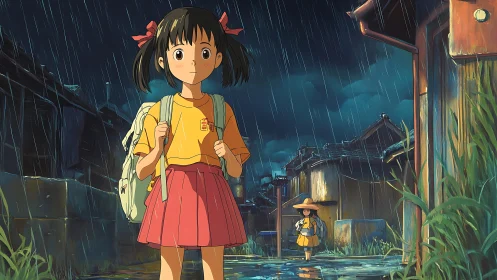 Girl walks alone through rainy alleyway in stylized town