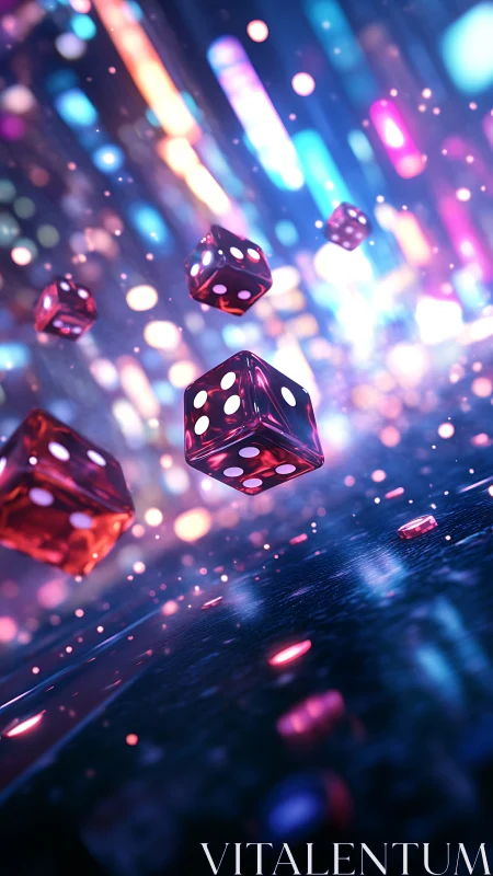 Glowing ruby dice tumbling through neon cyber streetscape.