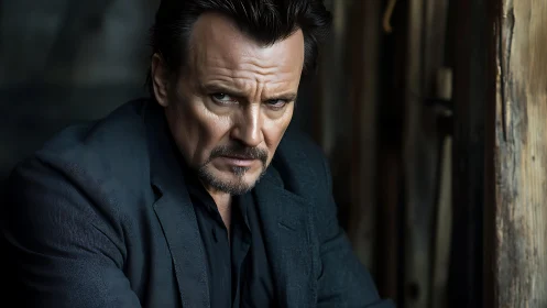 Middle aged man in dark blazer against wooden interior wall.