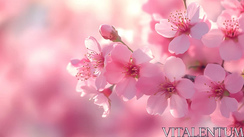 Soft-focus cherry blossom cluster with backlighting and depth-of-field blur.