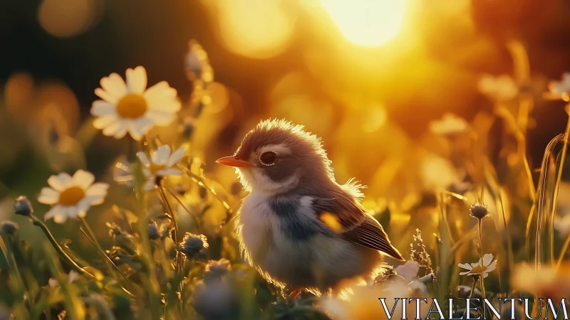 Fluffy baby bird in wildflower meadow at sunrise, dreamy soft focus.
