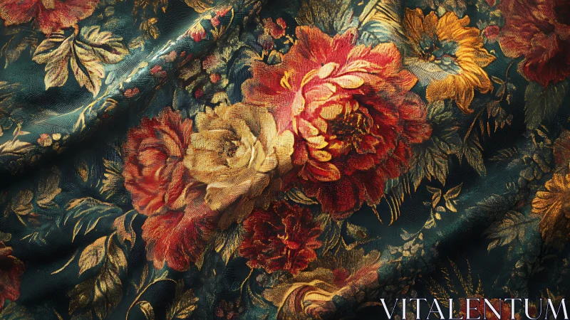 Vintage Bloom Tapestry: Rich Flora Woven in Gold and Crimson