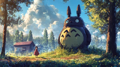 Forest guardian and child in luminous countryside meadow.