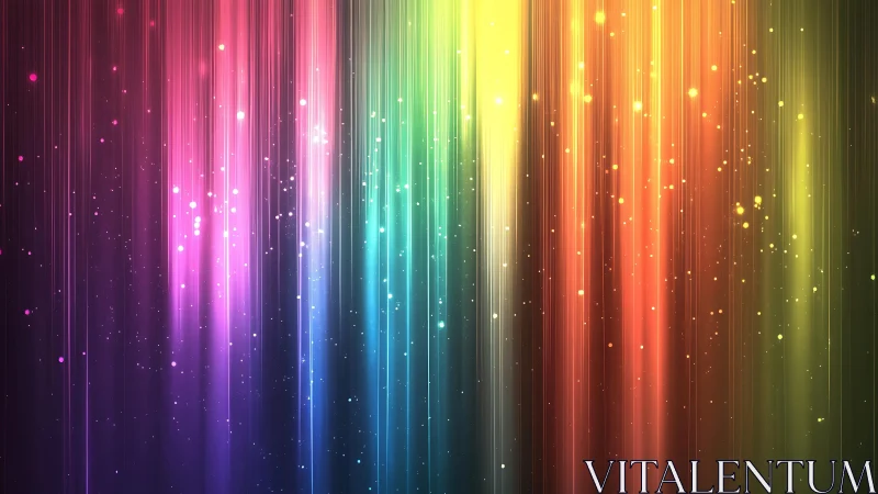 Vibrant rainbow light beams with sparkling particles, digital abstract art.