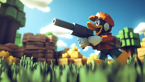 Cartoon duck explorer roams colorful voxel forestland.
