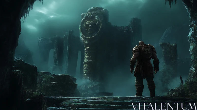 Armored figure surveying monolithic ruins in dim light.