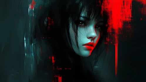 Crimson glitches kiss a cyan-lit girl in digital twilight