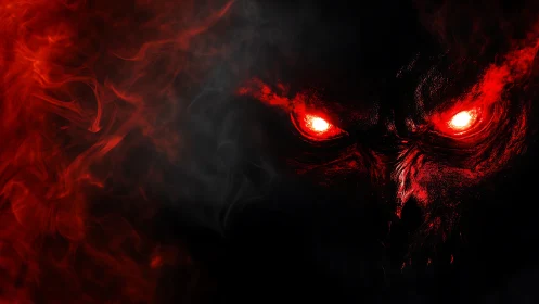 Red spectral face with luminous eyes in dense black void.