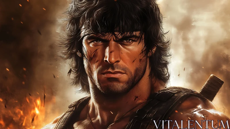 Battle-scarred warrior stares ahead amid rising firelight