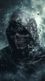 Eroding hooded skull entity in turbulent particulate storm.
