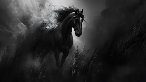 Stormborn midnight stallion racing through shadowed clouds.