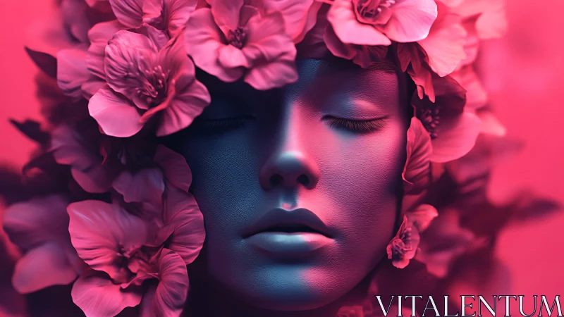 Floral-lit female face sinks into neon dreamlike serenity