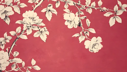 Monochrome floral branches extend diagonally across textured red field