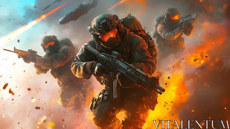 Dynamic tactical squad charge in explosive digital painting.