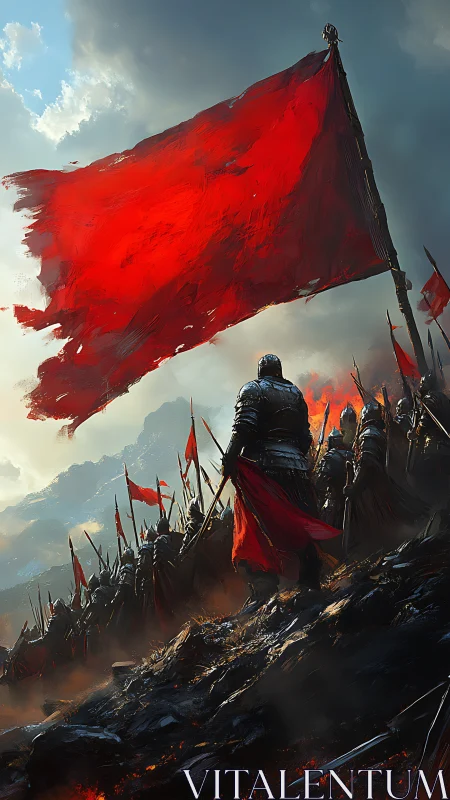 Armored vanguard beneath tattered crimson war standard in storm