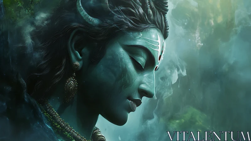 Serene teal deity in misty forest light, radiating quiet grace.