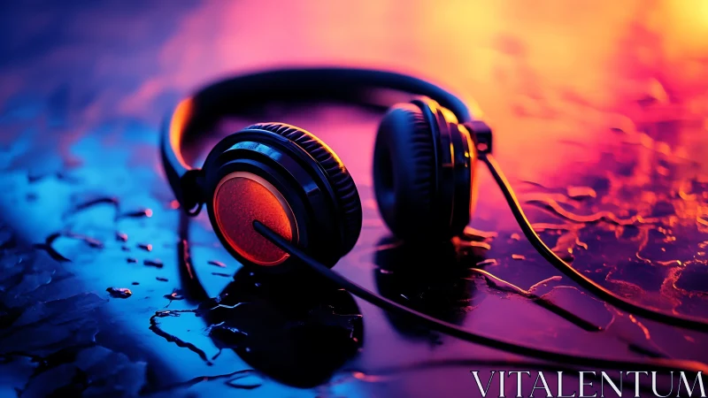 Closed-back wired headphones on wet surface under neon rim lighting