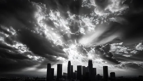 Dramatic storm clouds backlight dense modern city skyline