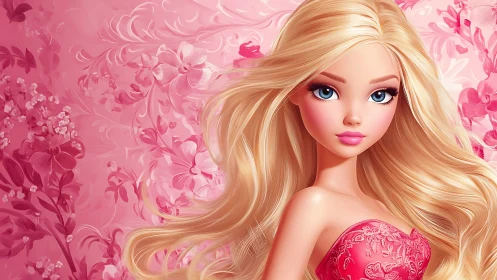 Blonde daydream doll in a swirling candy-rose blossom storm.