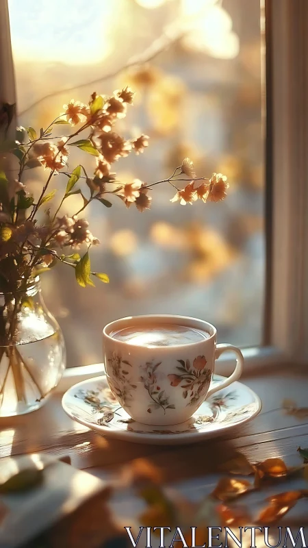 Porcelain tea cup by window with flowers in warm light.