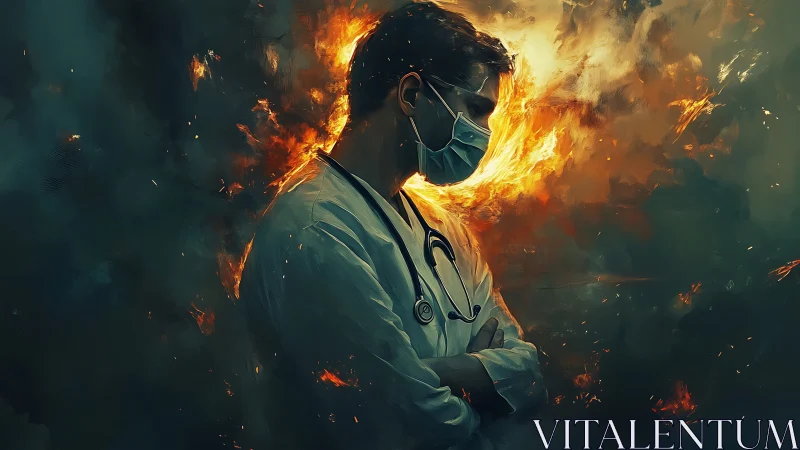 Masked clinician in infernal turbulence, stress visualized precisely.