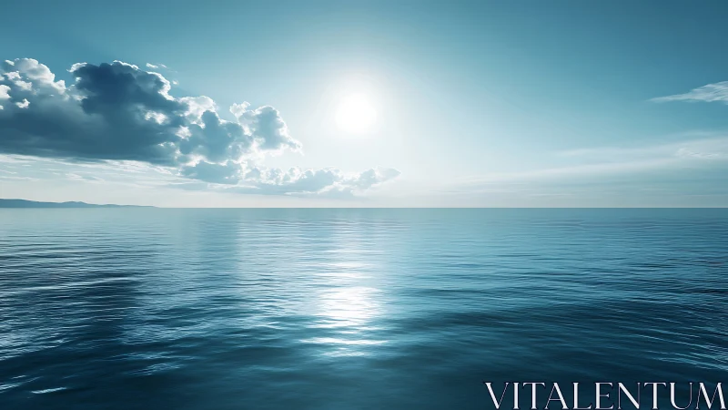 Sunlit ocean horizon shows calm water under cloud bank