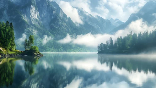 Mountain lake with mist, forest reflections, and soft light.