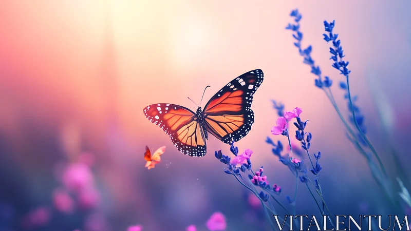 Monarch butterfly in chromatic bokeh meadow illumination.