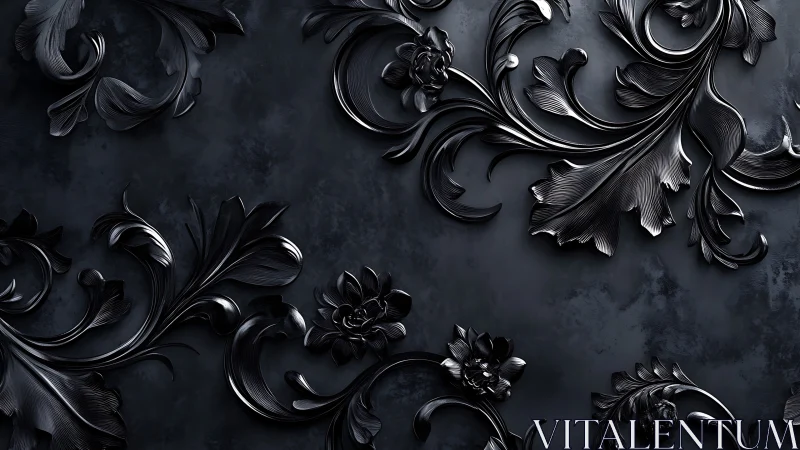 Ornate black baroque floral relief on matte charcoal ground