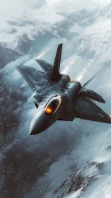 Stealth fighter jet descends through icy alpine canyons