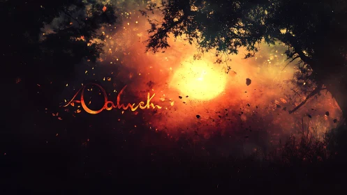 Digital painting of fiery forest dusk with typographic flare.