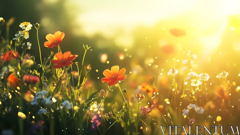 Wildflower meadow bathed in golden sunlight.