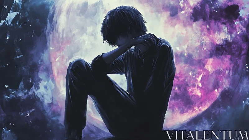 Silhouetted seated figure before large abstract moonlike disc.