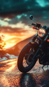 Sunset-lit motorcycle waits on a rain-soaked open road