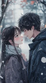 Snow-covered urban street with close facing anime couple.