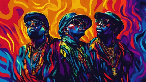 Triple portrait of stylized figures in saturated neon palette.