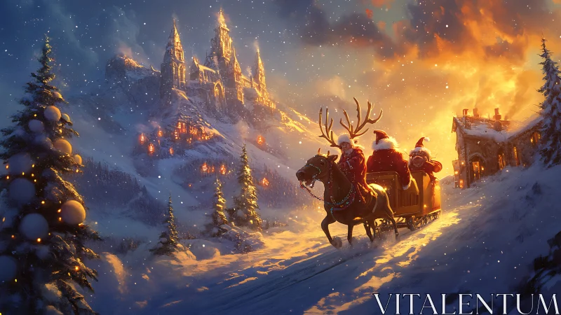 Reindeer-drawn sleigh moves past cabin toward illuminated castle