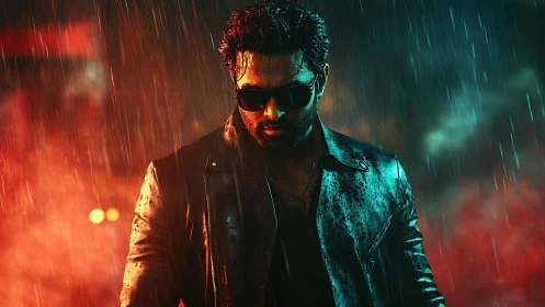 Photorealistic neon rain portrait with cinematic lighting effects.