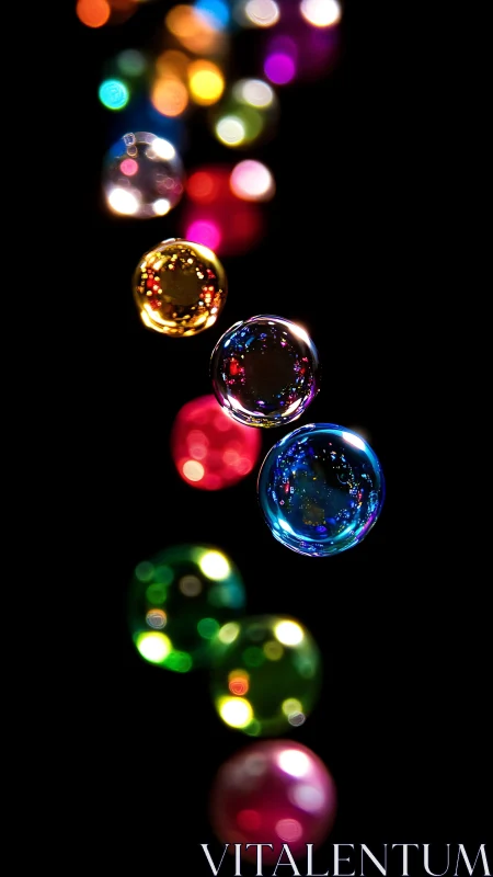Glowing soap bubbles drift before blurred neon bokeh lights
