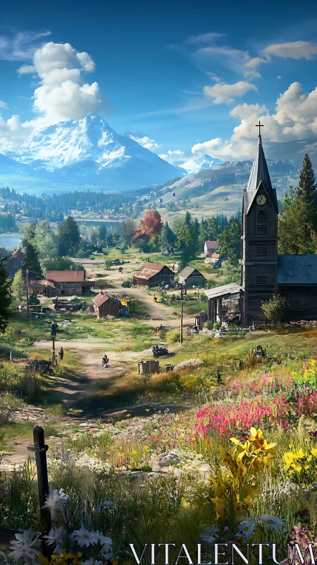 Mountain village and church steeple overlook wildflower valley.