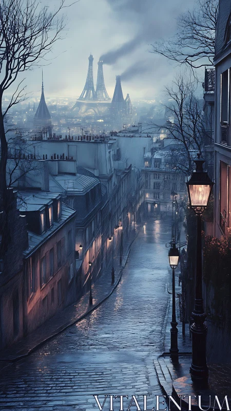 Foggy Parisian street with distant industrial towers.