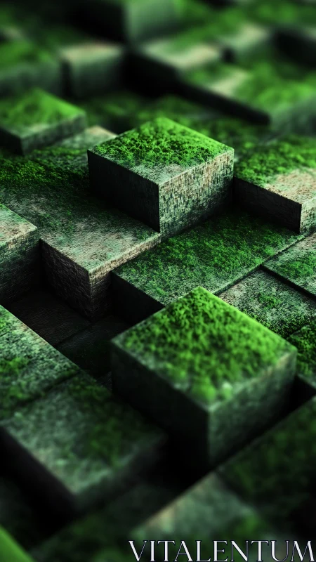 Moss-covered geometric blocks rise in a layered green maze.
