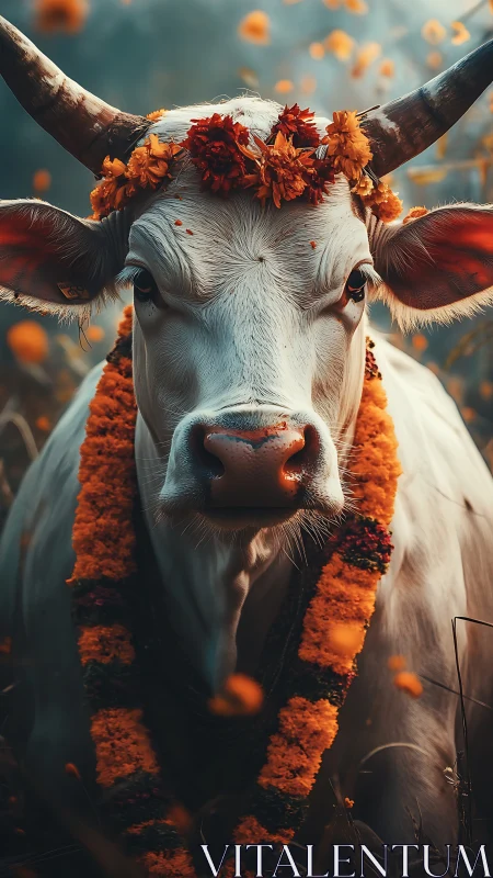 Sacred white cow in marigold garlands under soft dusk light.