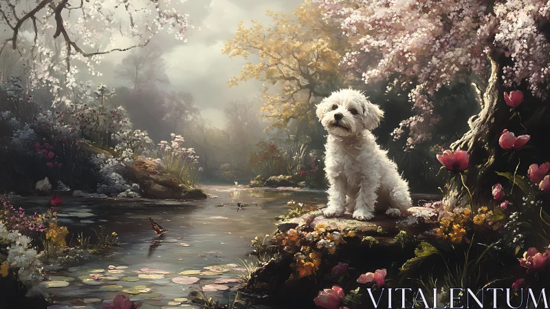 Small white dog sits by reflective pond in dense garden