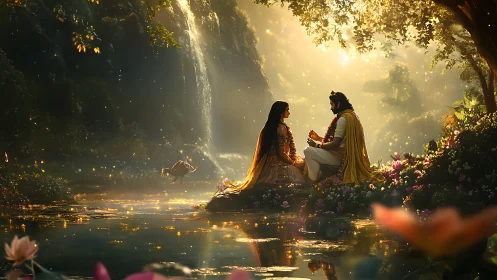 Divine couple illuminated beside waterfall in ethereal forest glade