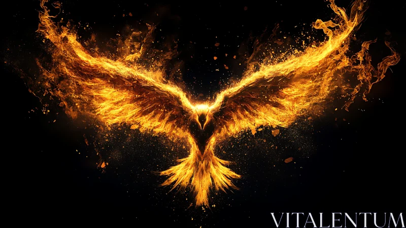 Majestic Phoenix in Fiery Flames Digital Art on Dark Background.
