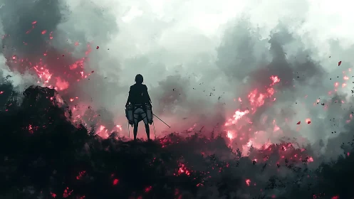 Silhouetted fighter stands before burning, smoke filled sky