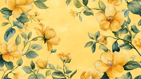 Yellow Flowers with Green Foliage on Cream Background